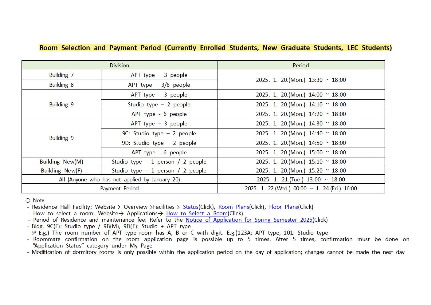 Room Selection and Payment Period (Currently Enrolled Students, New Graduate Students, LEC Students) 첨부이미지